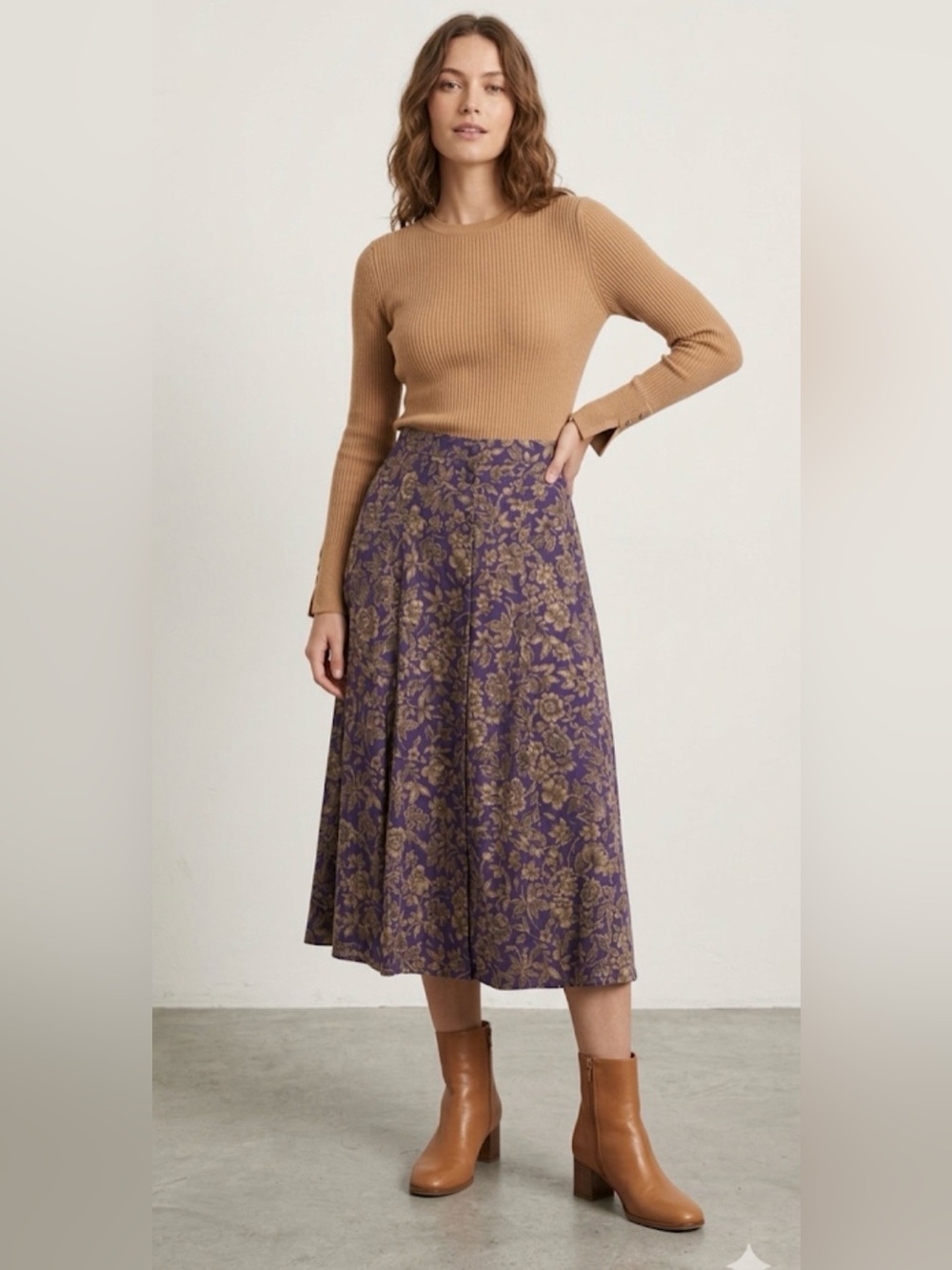 Casual Corner A-line skirt purple base vintage-style gold floral print 8
